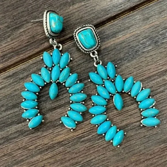 Southwestern Blue Turquoise Squash Blossom Silver Drop Earrings Western Boho - Picture 1 of 2